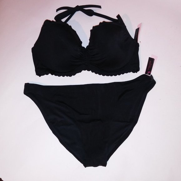 Victoria‎ Secret Swim Bikini 38C Top XL Bottom Black Solid Scallop Trim Lightly - Picture 10 of 10